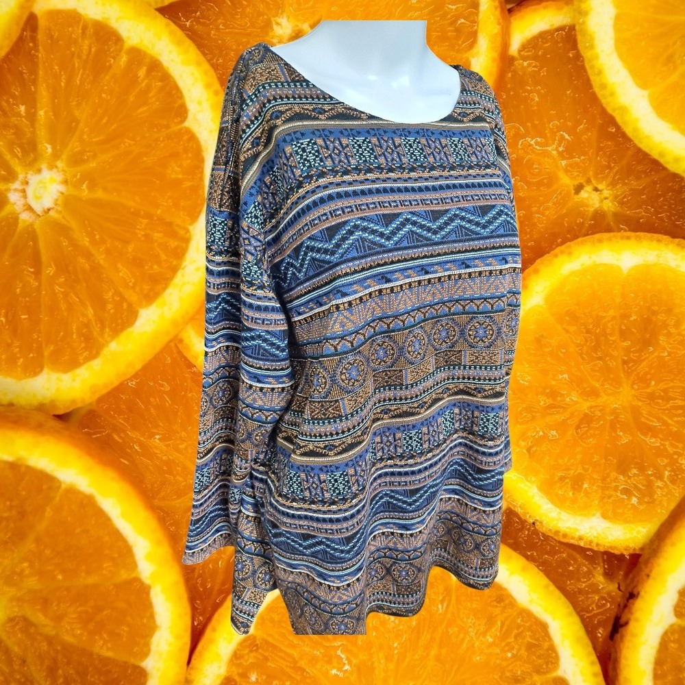 Adrian Jordan Women's Top Blue Brown Patterned Long Sleeve Blouse Sz 18/20